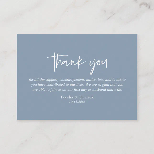 Wedding Thank you, Modern Simple Script Dusty Blue Enclosure Card | Zazzle