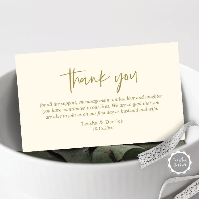 Wedding Thank you, Modern Simple Script Enclosure  Card (Wedding Thank you card, in modern casual script, gold design)