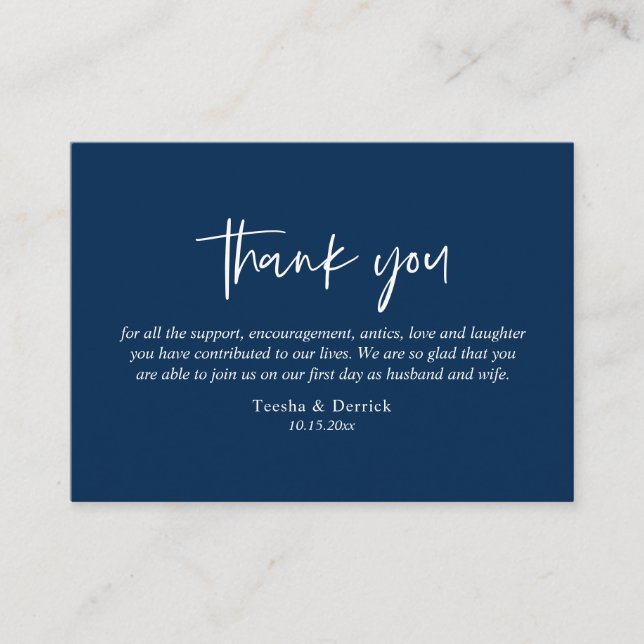 Wedding Thank you, Modern Simple Script Navy Blue Enclosure Card (Front)