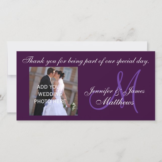 Wedding Thank You Monogram Message Purple Card (Front)