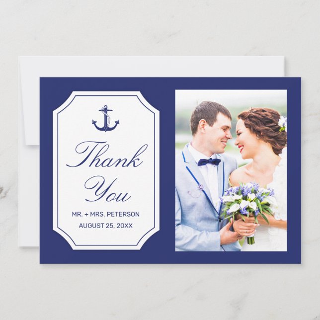 Wedding Thank You Nautical Anchor Blue Photo Card (Front)