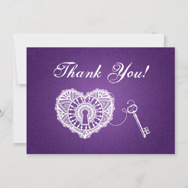 Wedding Thank You Note Key To My Heart Purple (Front)