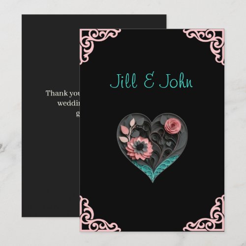 Wedding Thank You Note – Turquoise & Pink Quilled  Card