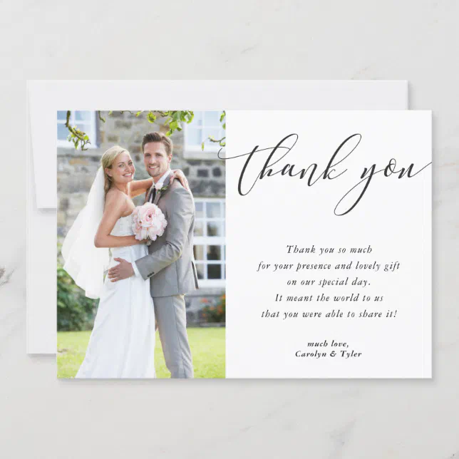 WEDDING THANK YOU photo calligraphy elegant black | Zazzle