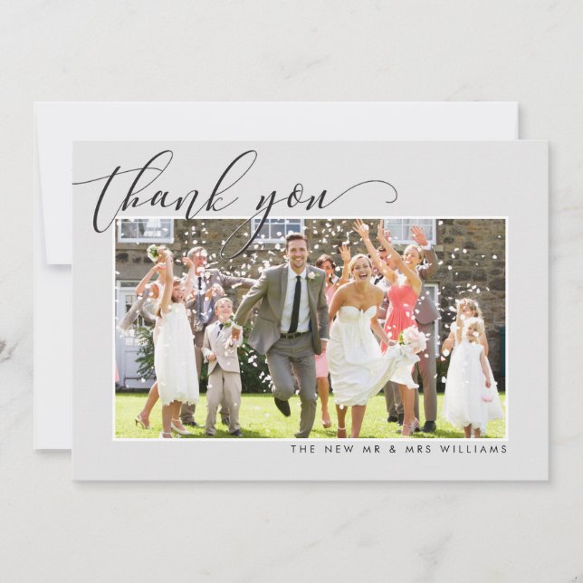 WEDDING THANK YOU photo calligraphy elegant gray Card (Front)