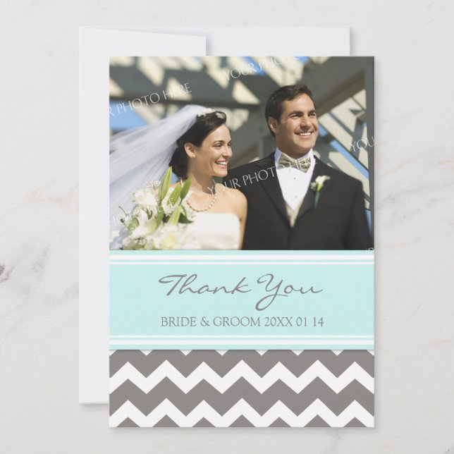 Wedding Thank You Photo Cards Blue Gray Chevron (Front)