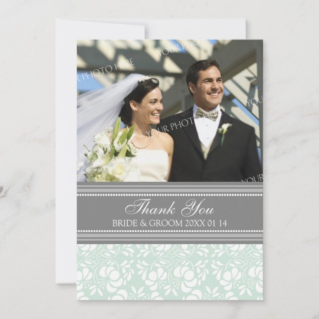 Wedding Thank You Photo Cards Gray Damask (Front)
