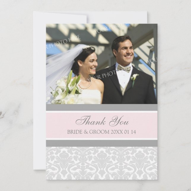 Wedding Thank You Photo Cards Gray Damask (Front)