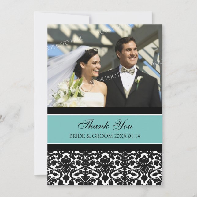 Wedding Thank You Photo Cards Teal Damask (Front)