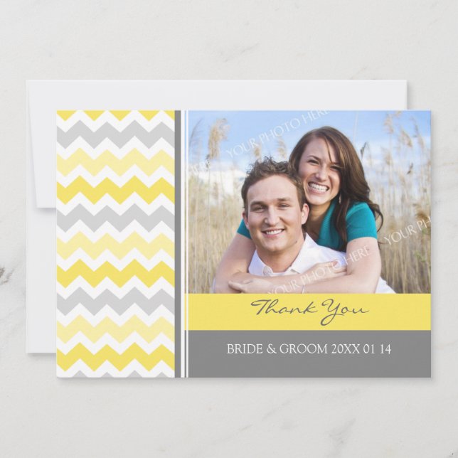 Wedding Thank You Photo Cards Yellow Gray Chevron (Front)