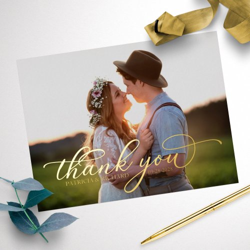 Wedding Thank You Photo Chic Calligraphy Foil Holiday Postcard