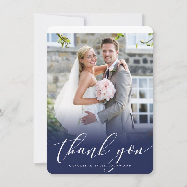 WEDDING THANK YOU photo elegant calligraphy navy Card (Front)