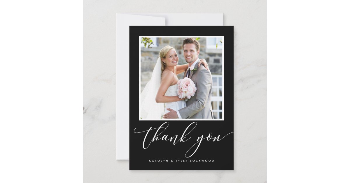 WEDDING THANK YOU photo modern calligraphy black Card | Zazzle