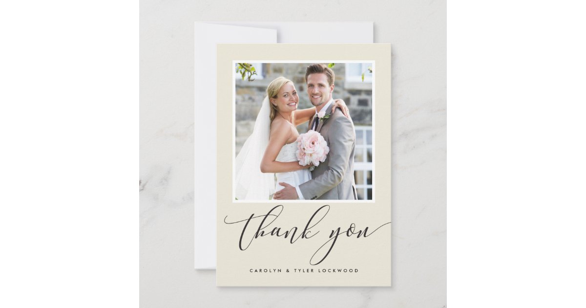 WEDDING THANK YOU photo modern calligraphy ivory Card | Zazzle