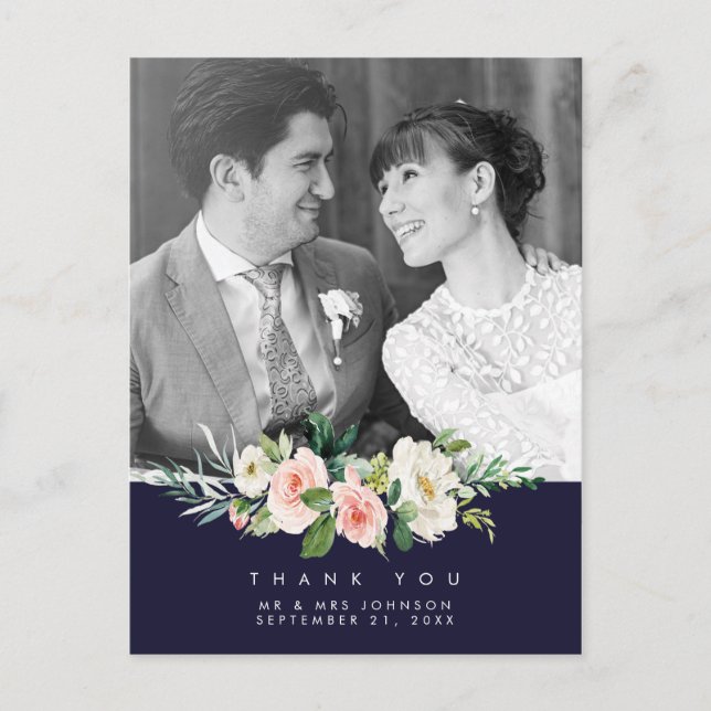 wedding thank you photo postcard navy floral (Front)