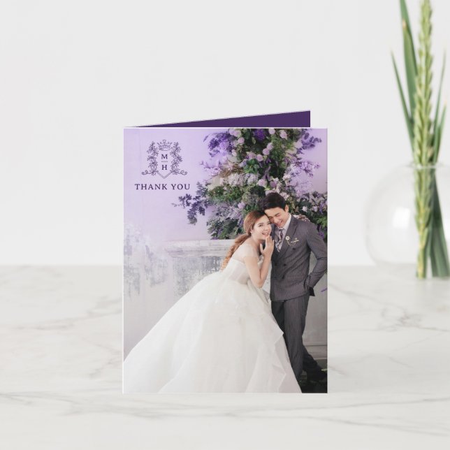 Wedding thank you purple photo crown monogram card (Front)