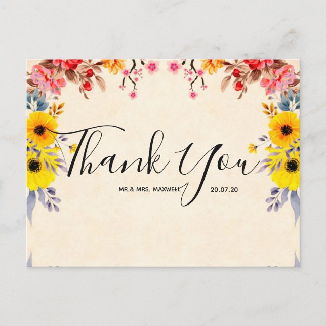 Wedding Thank You Romantic Floral Script Postcard (Front)