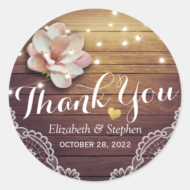 Wedding Thank You Rustic Wood Floral String Lights Classic Round Sticker (Front)