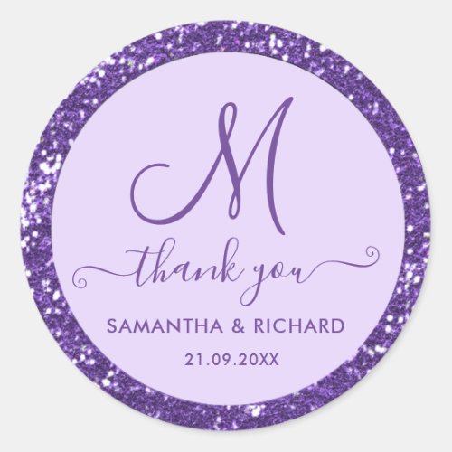 Wedding Thank You Script Monogram Purple Glitter Classic Round Sticker