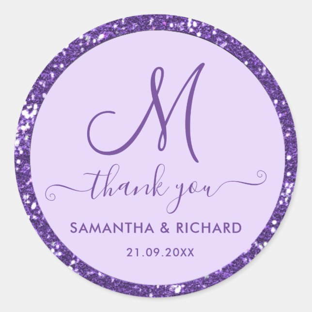 Wedding Thank You Script Monogram Purple Glitter Classic Round Sticker (Front)