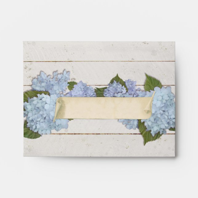 Wedding Thank You Stationery Wood Blue Hydrangea Envelope (Front)