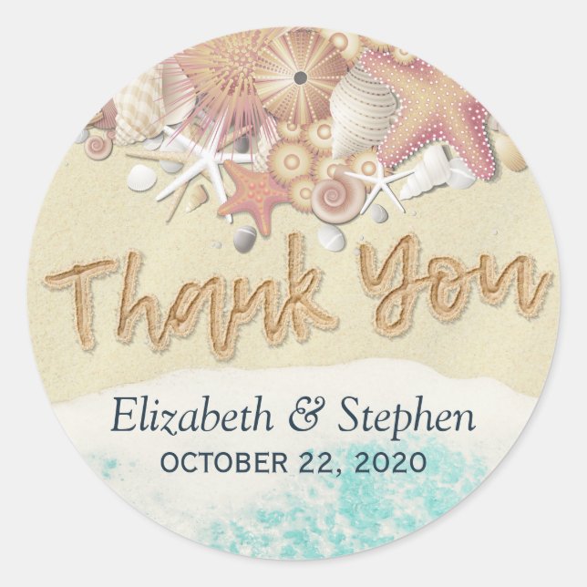 Wedding Thank You Summer Beach Starfish Sea shells Classic Round Sticker (Front)