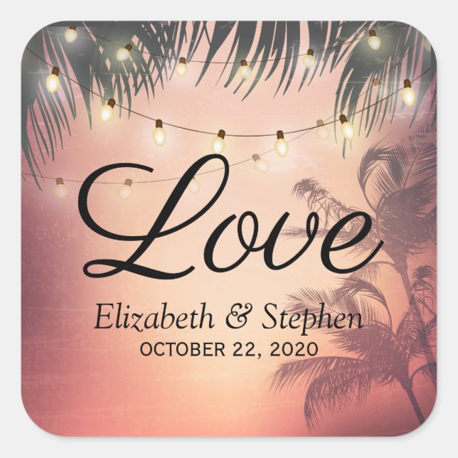 Wedding Thank You Summer Palm Trees String Lights Square Sticker (Front)