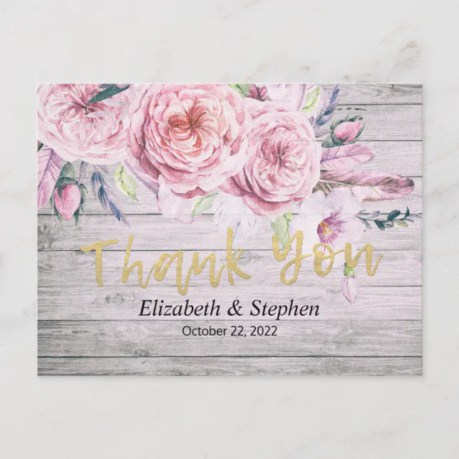 Wedding Thank You Watercolor Floral Rustic Wood Postcard | Zazzle