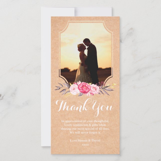 Wedding Thank You Watercolor Flowers Photo Card (Front)