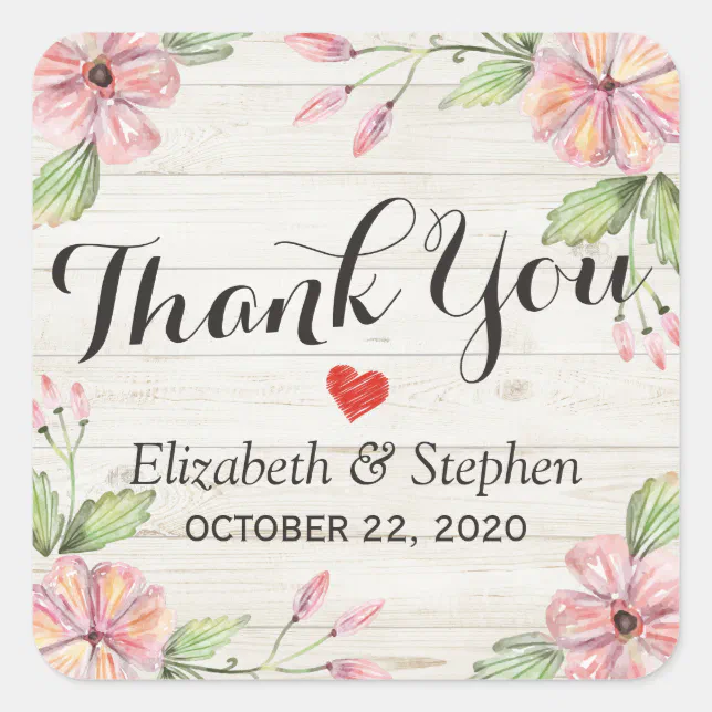 Wedding Thank You Watercolor Flowers Rustic Wood Square Sticker | Zazzle