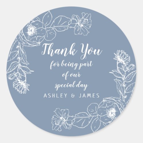 Wedding Thank You White Floral Outline Blue Classic Round Sticker