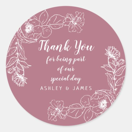Wedding Thank You White Floral Outline Cassis Classic Round Sticker