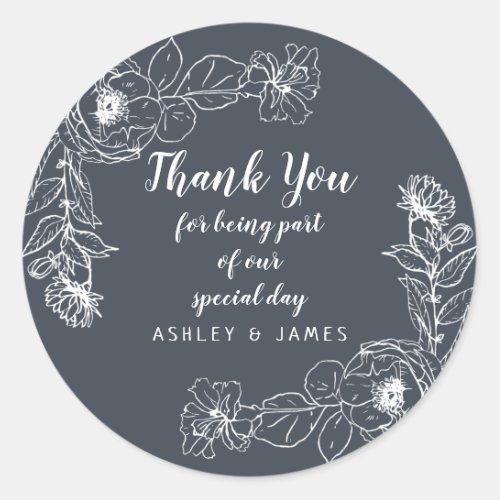 Wedding Thank You White Floral Outline Dark Blue Classic Round Sticker