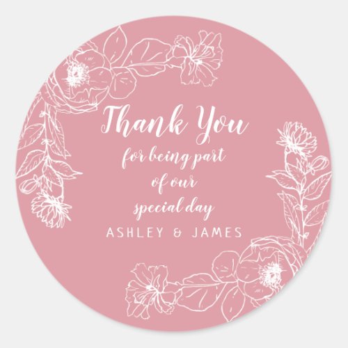 Wedding Thank You White Floral Outline Rose Pink Classic Round Sticker