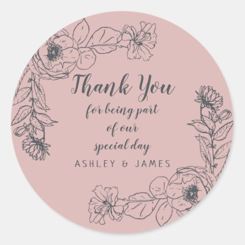 Wedding Thank You White Floral Outline Silver Pink Classic Round Sticker