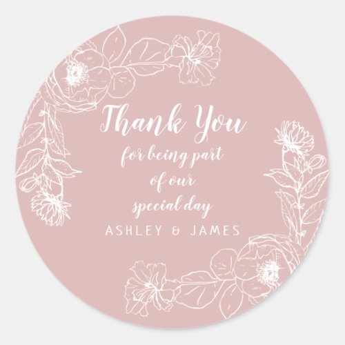 Wedding Thank You White Floral Outline Silver Pink Classic Round Sticker