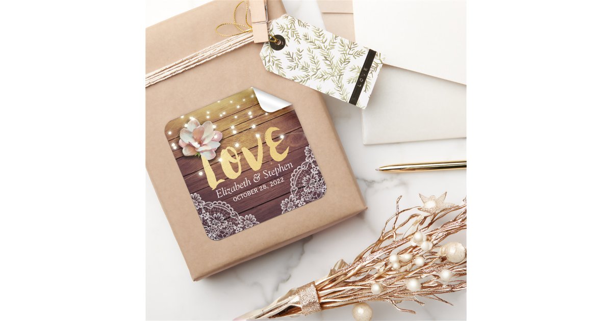 Wedding Thank You Wood Floral String Lights Lace Square Sticker | Zazzle