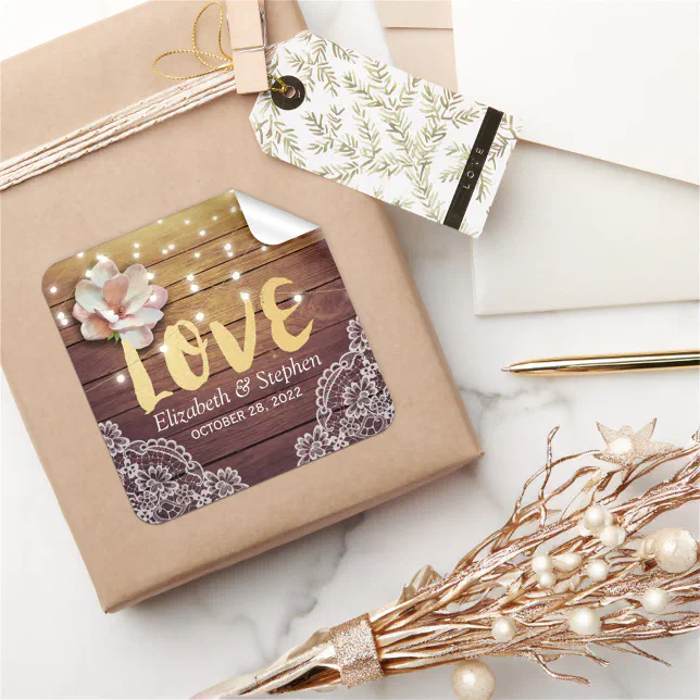 Wedding Thank You Wood Floral String Lights Lace Square Sticker | Zazzle