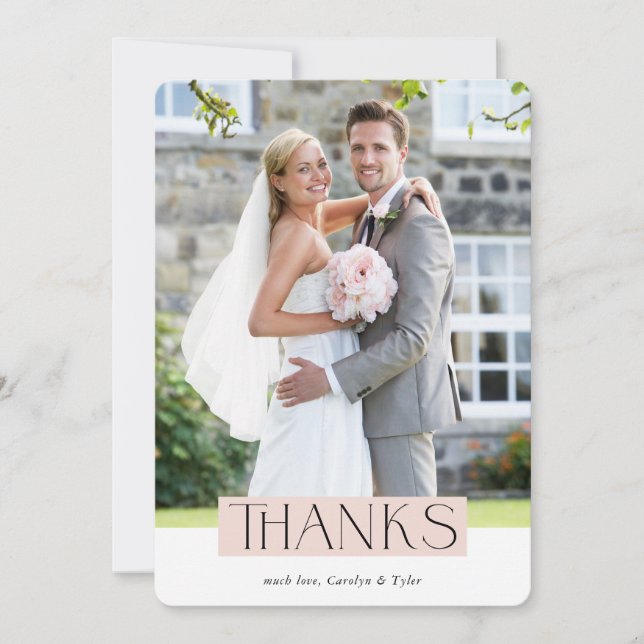 WEDDING THANKS photo modern chic serif blush pink  Thank You Card (Front)