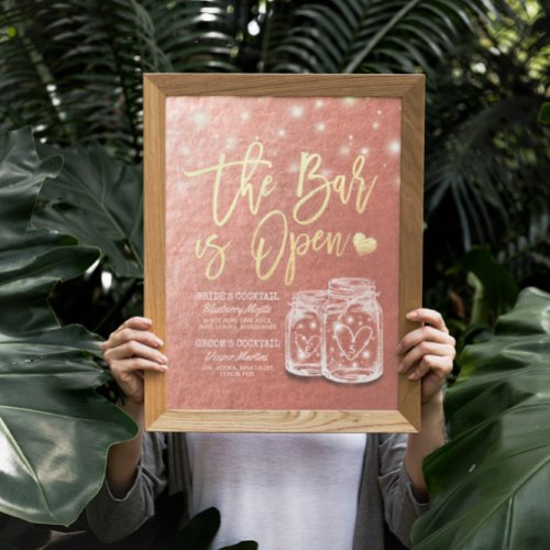 Wedding The Bar is Open Drink Menu Mason Jars Rose Poster