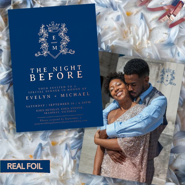 Wedding the night before rose gold blue monogram foil invitation (Creator Uploaded)