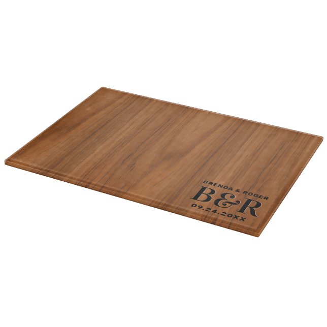 Wedding Theme Monogram Brown Wood Texture Cutting Board (Corner)