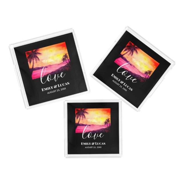 Wedding Theme Tropical Beach Sunset Watercolor Acrylic Tray (Set)