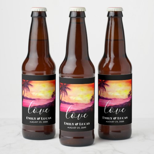 Wedding Theme Tropical Beach Sunset Watercolor Beer Bottle Label