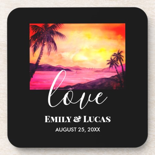 Wedding Theme Tropical Beach Sunset Watercolor Beverage Coaster