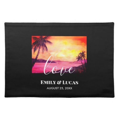 Wedding Theme Tropical Beach Sunset Watercolor Cloth Placemat