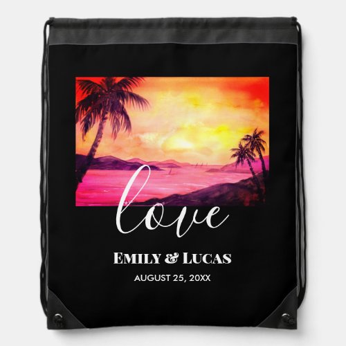 Wedding Theme Tropical Beach Sunset Watercolor Drawstring Bag