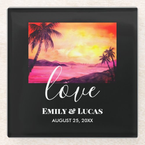 Wedding Theme Tropical Beach Sunset Watercolor Glass Coaster