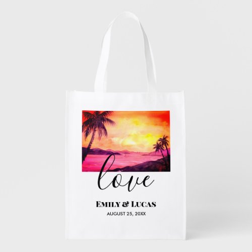 Wedding Theme Tropical Beach Sunset Watercolor Grocery Bag