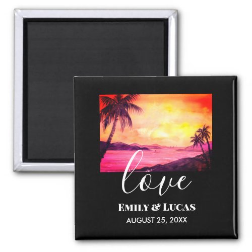 Wedding Theme Tropical Beach Sunset Watercolor Magnet